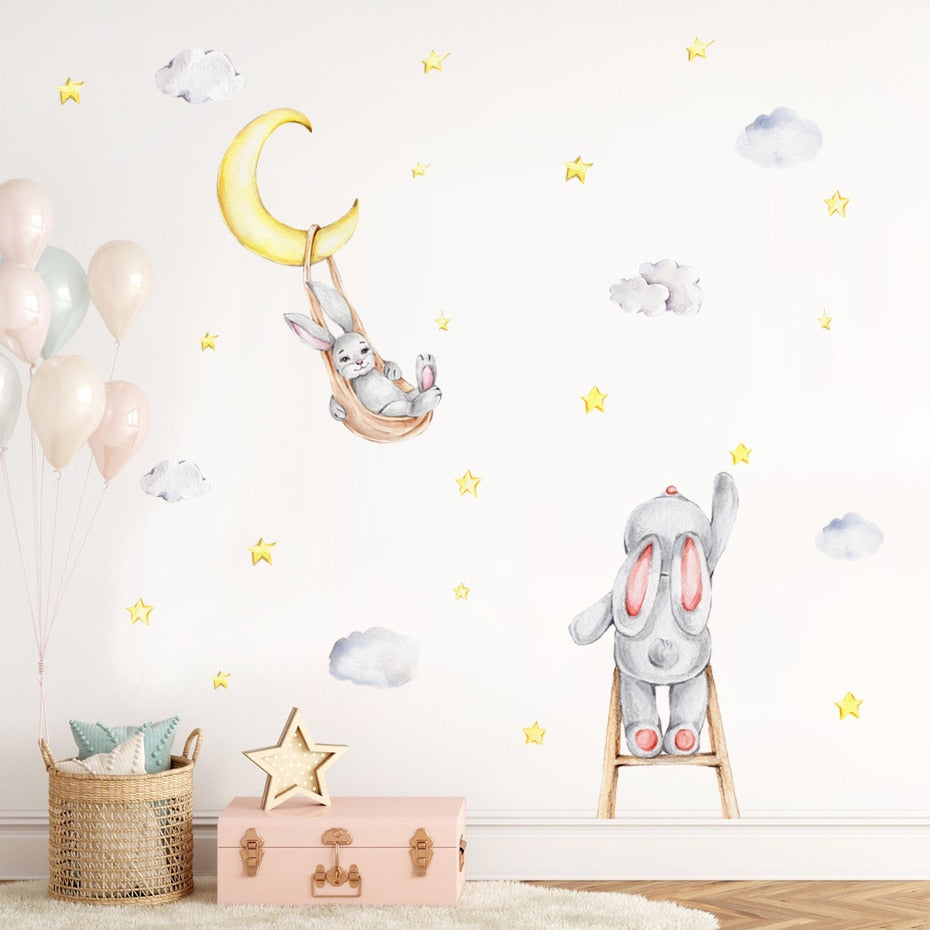 Cartoon Wall Decals Bunny Moon Stars Clouds