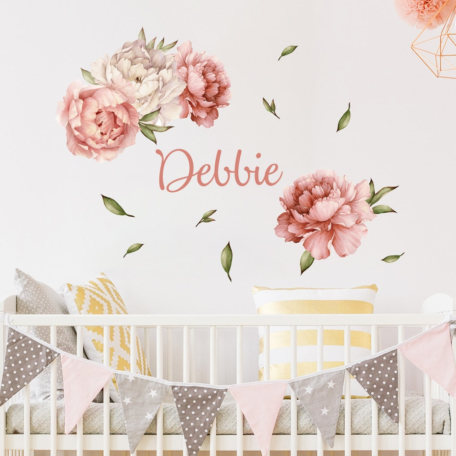 Custom Name Wall Decals Wreath Peony Foliage