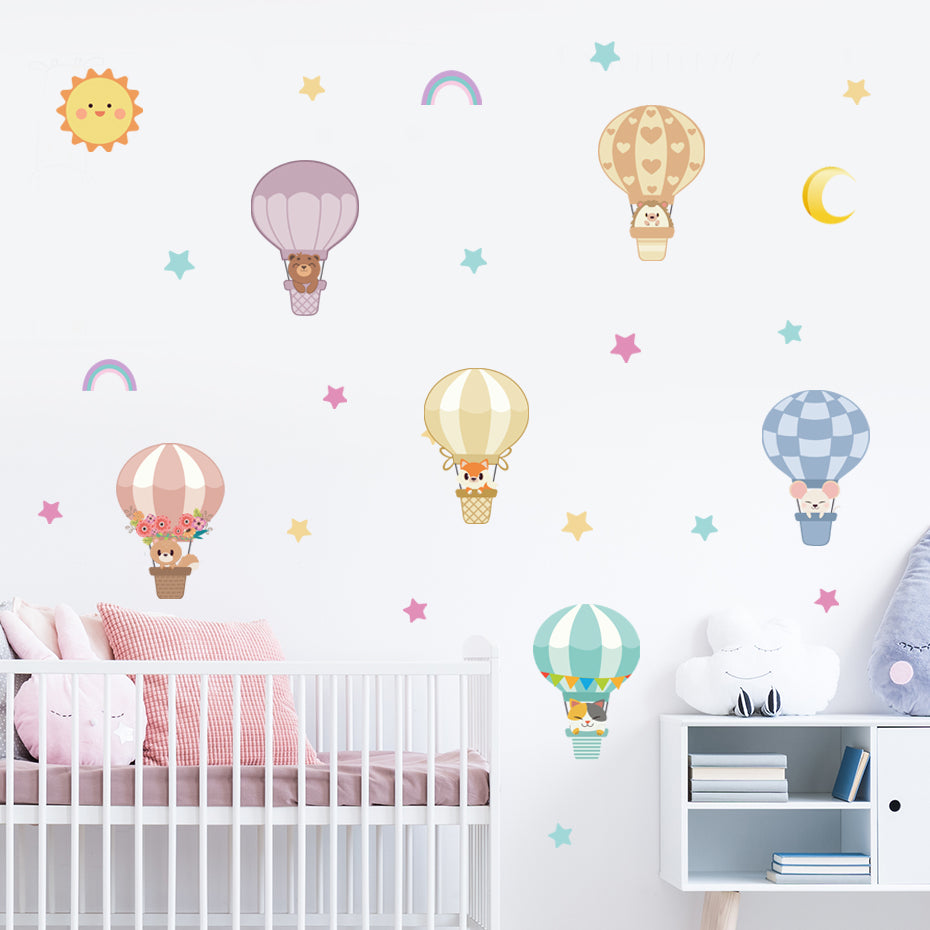 Cartoon Wall Decals Hot Air Balloon Cute Animals