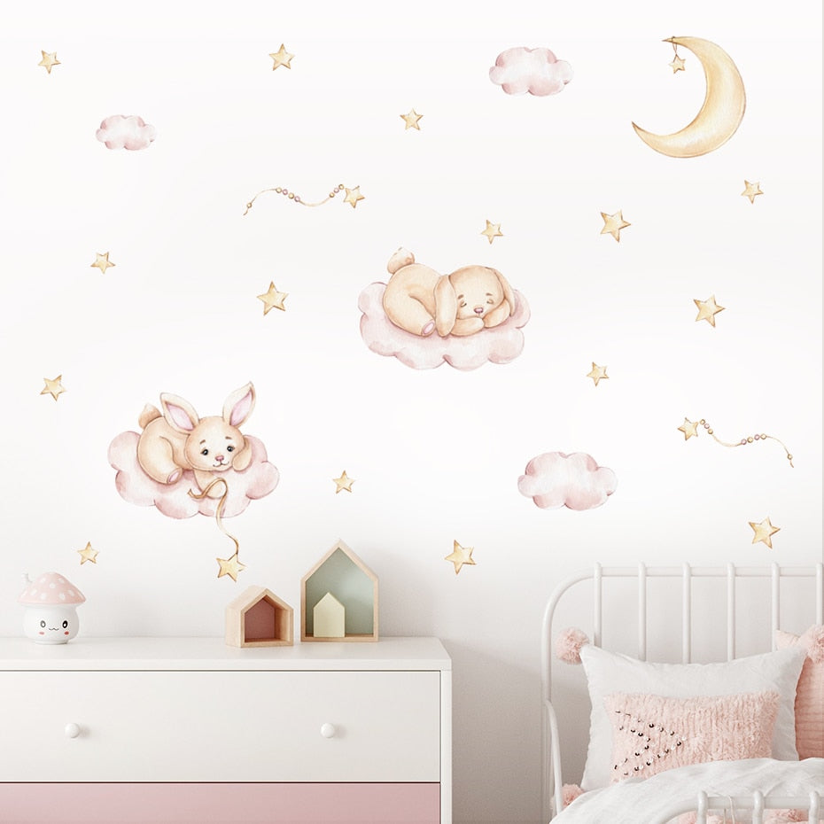 Cartoon Wall Decals Bunny Moon Clouds