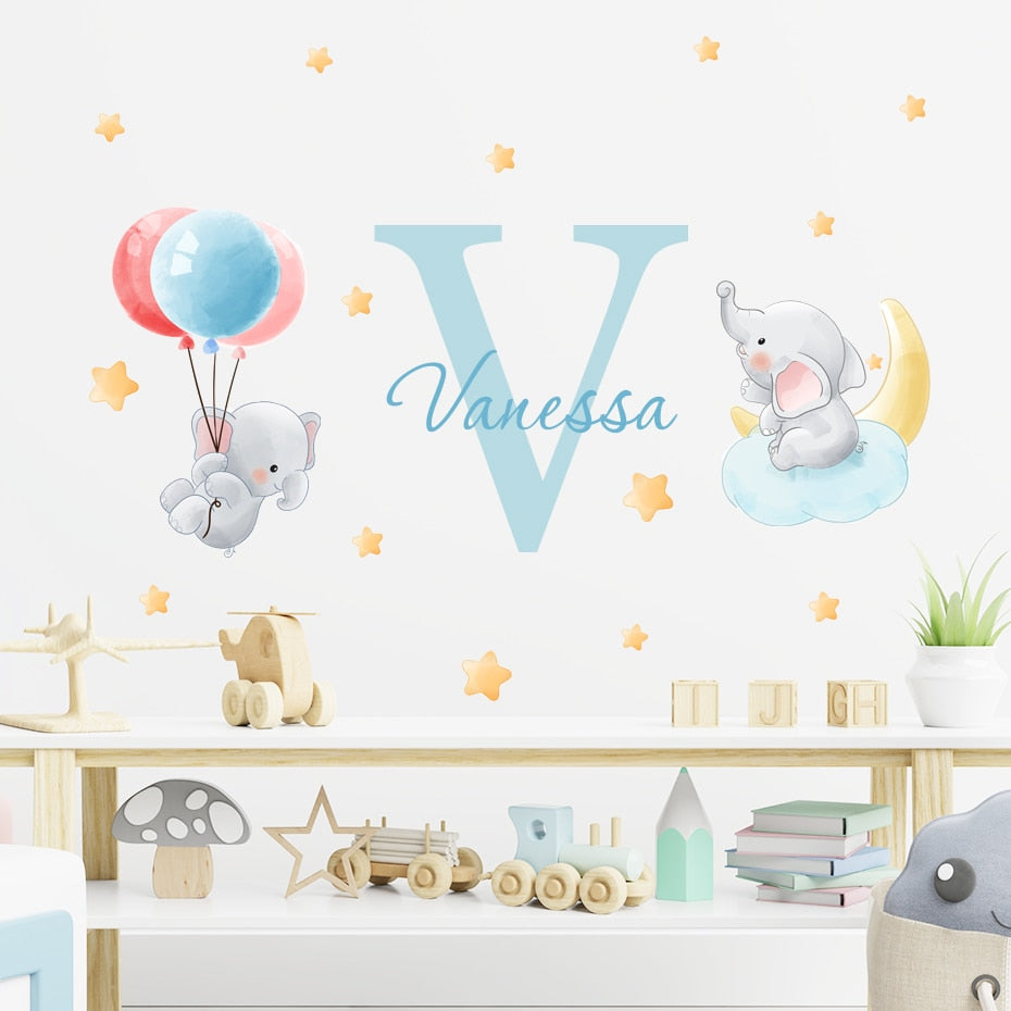 Custom Name Wall Decals Cute Elephant Air Balloon