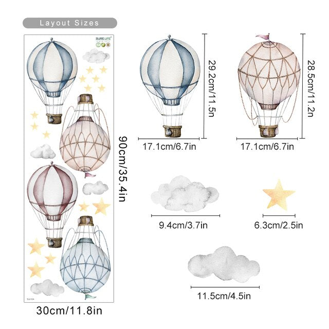 Cartoon Wall Decals Hot Air Balloon Clouds