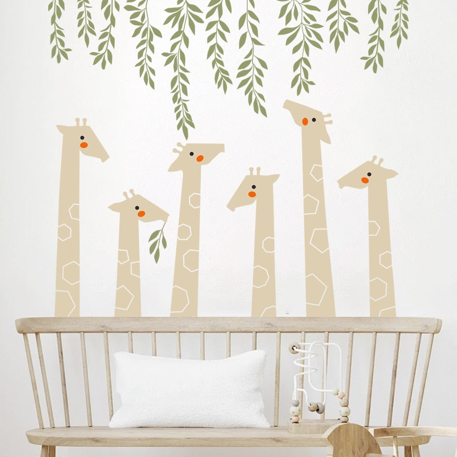 Cartoon Wall Decals Giraffe Green Leaves