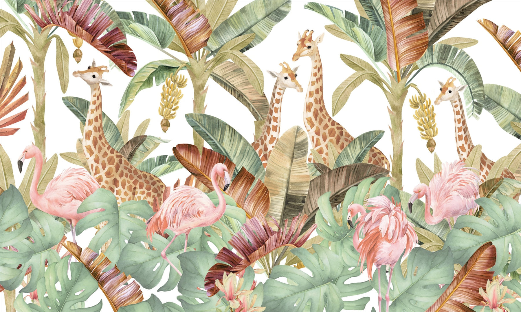 Giraffes and Flamingos Animals Wallpaper Mural