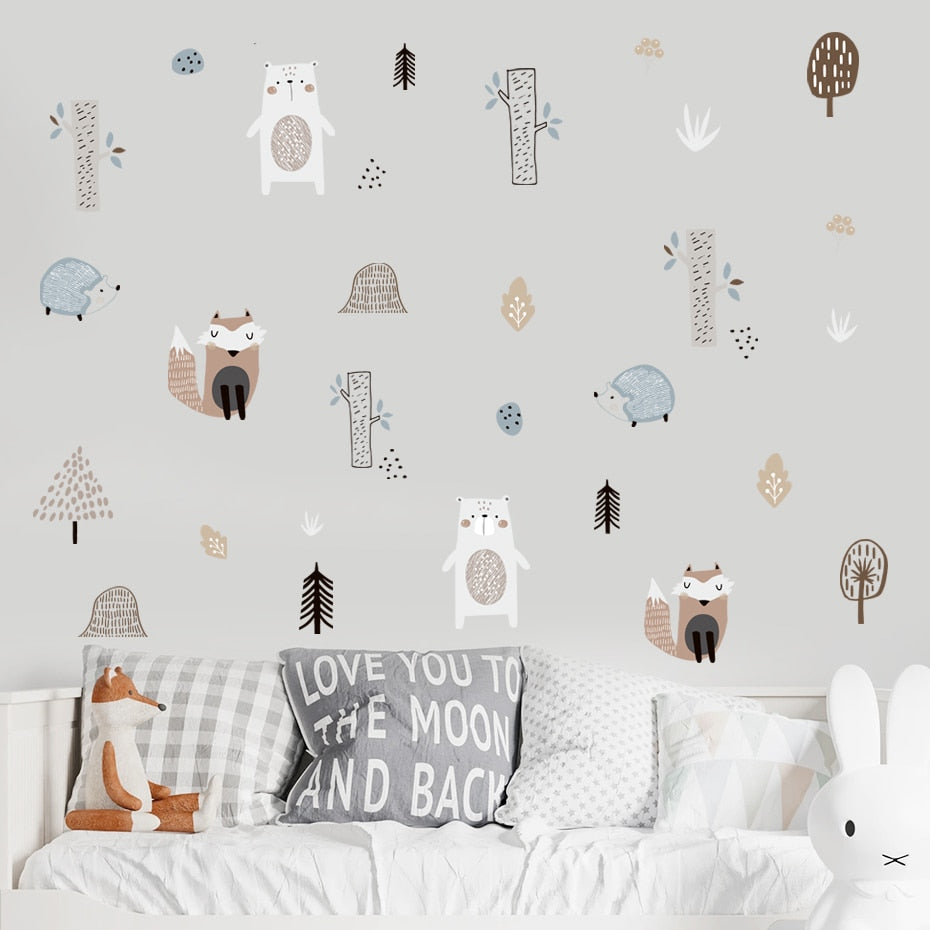Cartoon Wall Decals Bear Fox Hedgehogs Tree