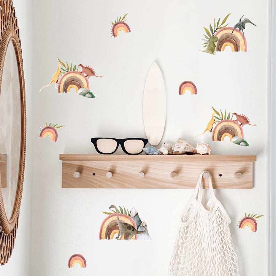 Cartoon Wall Decals Rainbow Dinosaur Tropical Leaves
