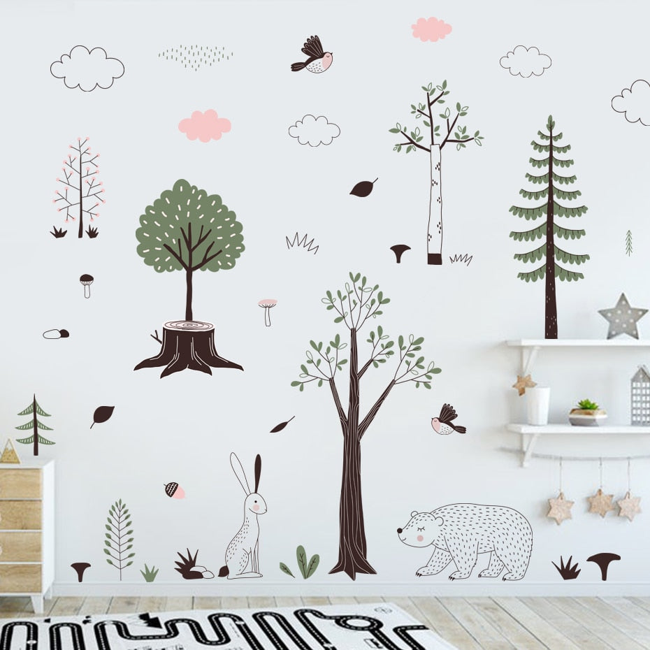 Nursery Wall Decal Forest Wildlife Bear Rabbit