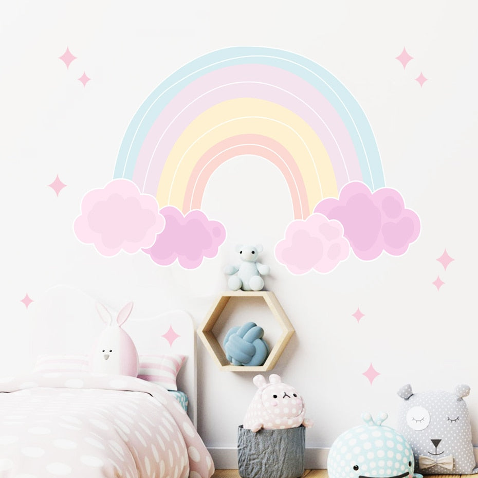 Cartoon Wall Decals Pink Rainbow Clouds Stars