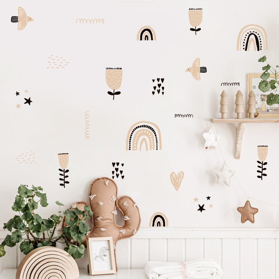 Nursery Wall Decals Cute Rainbow Bird Flowers