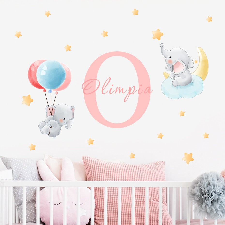Custom Name Wall Decals Cute Elephant Air Balloon
