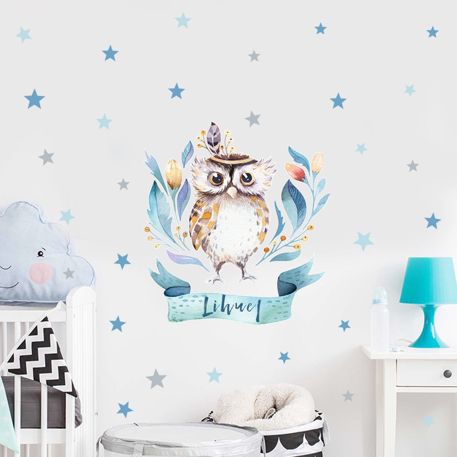 Custom Name Wall Decals Owl Tribe Leaves