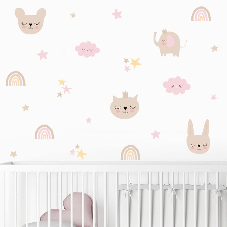 Cartoon Wall Decals Cute Animals Stars and Rainbows