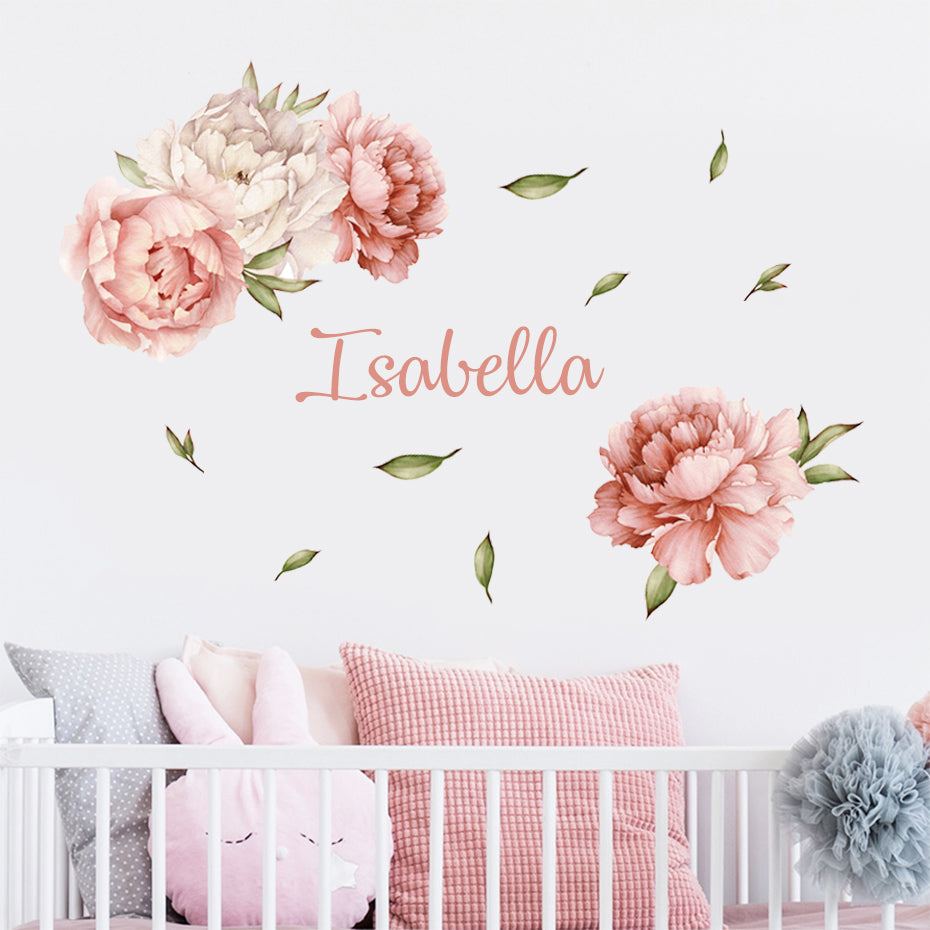 Custom Name Wall Decals Wreath Peony Foliage