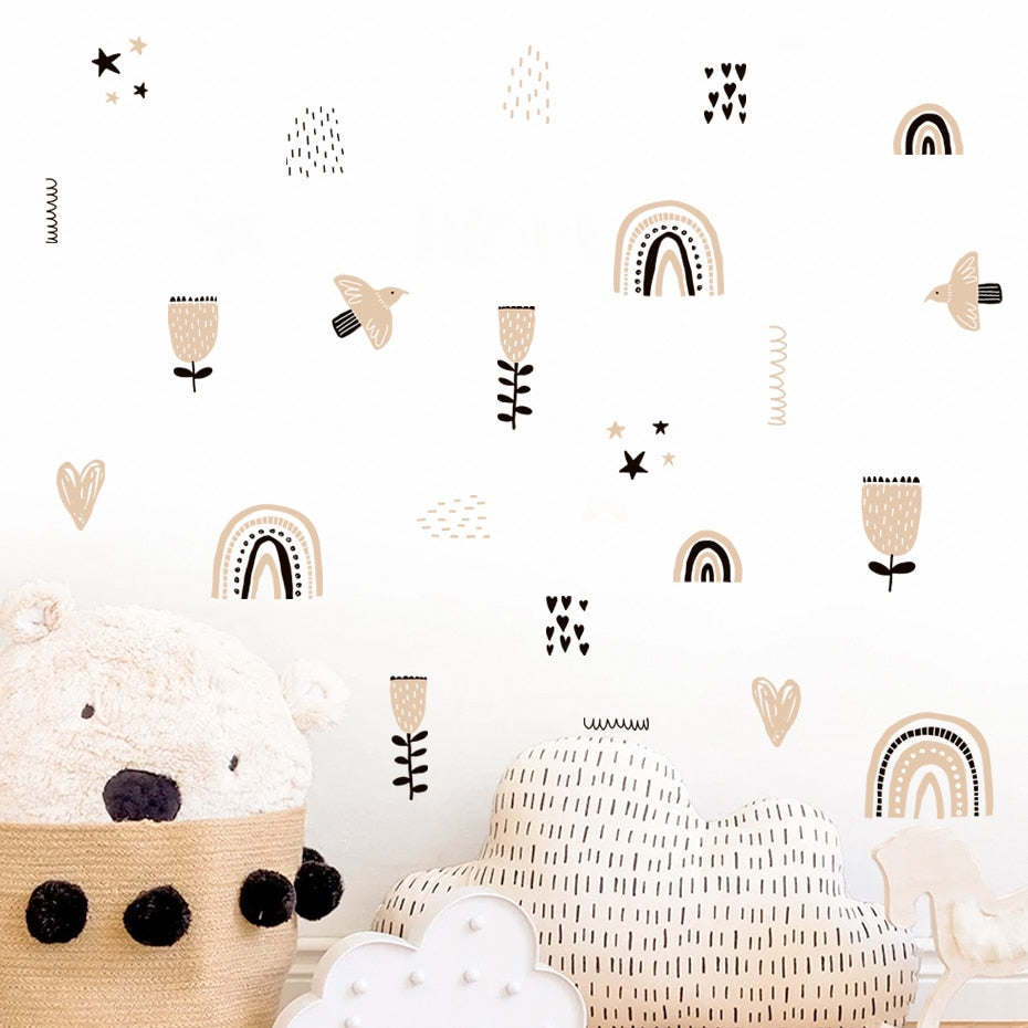 Nursery Wall Decals Cute Rainbow Bird Flowers