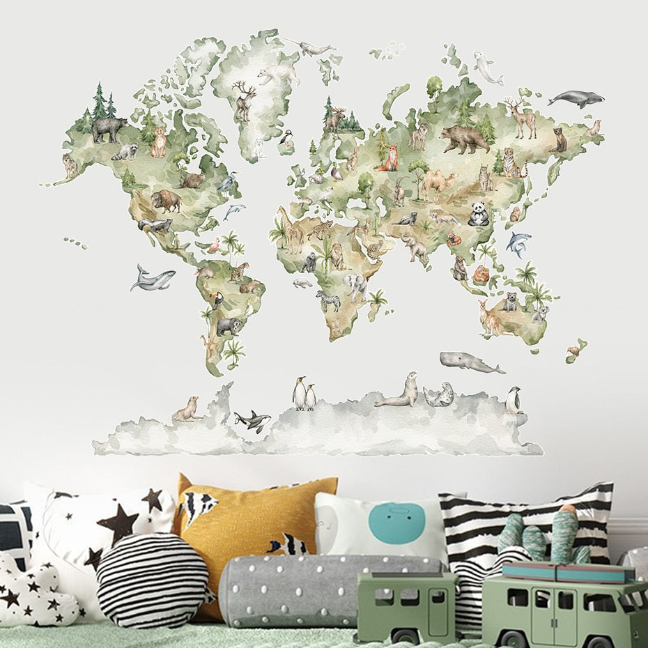 World Map Animals Wildlife Wall Decal