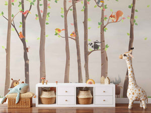 Cartoon Forest Animals in Tall Trees Wall Mural Wallpaper