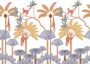 Cartoon Hanging Monkeys Orange-Blue Wallpaper Mural