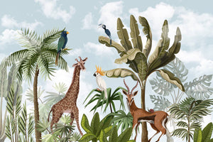 Giraffe Antelope Cloudy Sky Wallpaper Mural