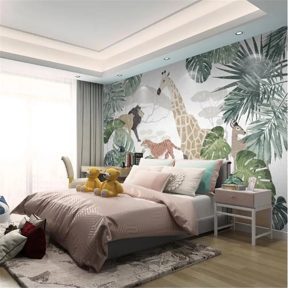 Painted Tropical Plants Animals Wallpaper Mural