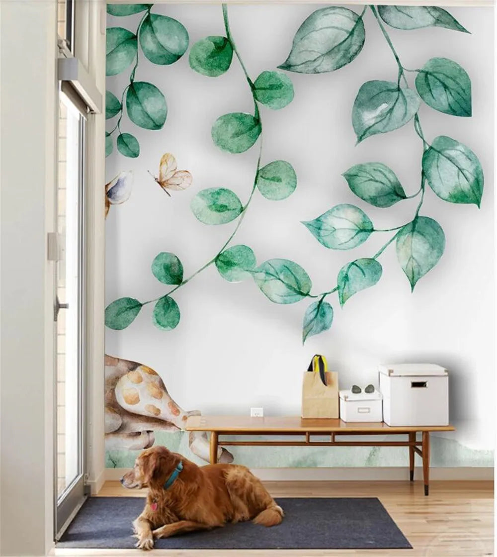 Giraffe Family And Leaves Wallpaper Mural