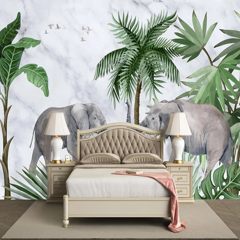Tropical Elephants Marble Wall Mural Wallpaper