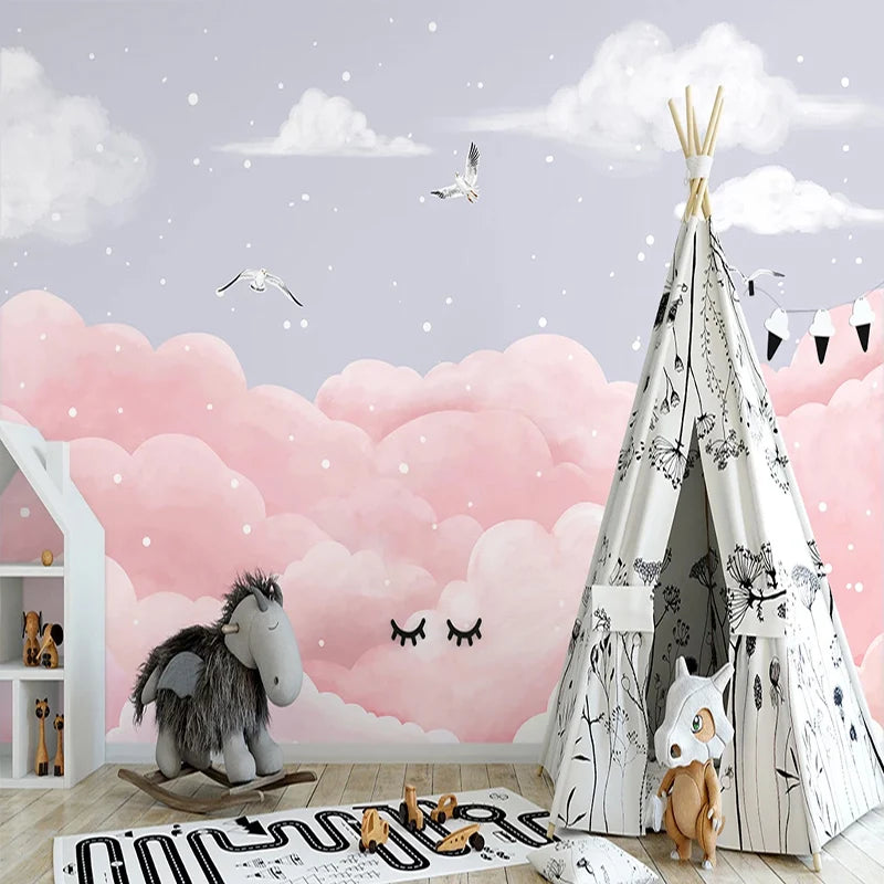 Pink Clouds Seagulls Nursery Wall Mural Wallpaper