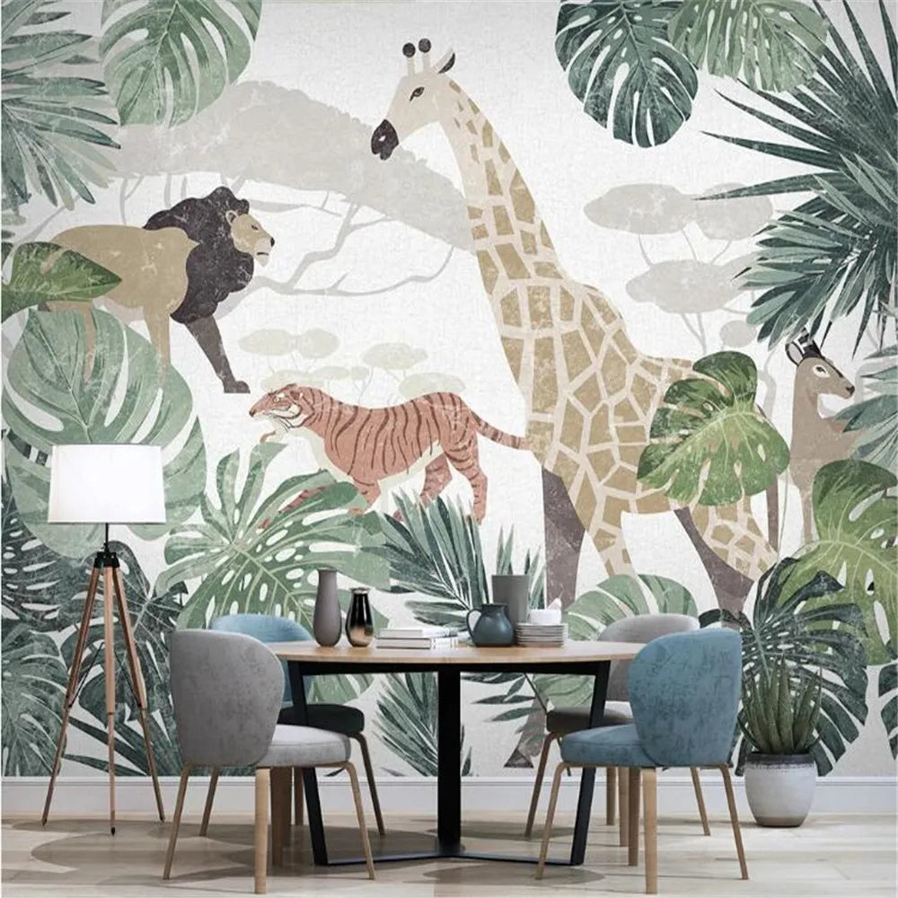Painted Tropical Plants Animals Wallpaper Mural