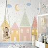 Whimsical Pastel Village Nursery Wall Mural Wallpaper