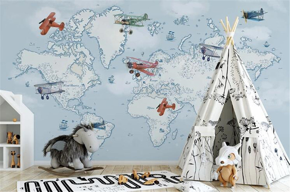 Blue World Map With Planes Wallpaper Mural