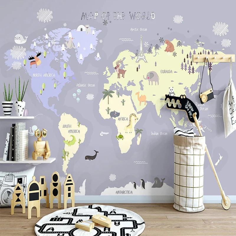 Illustrated Continents With Animals Nursery Wall Mural Wallpaper