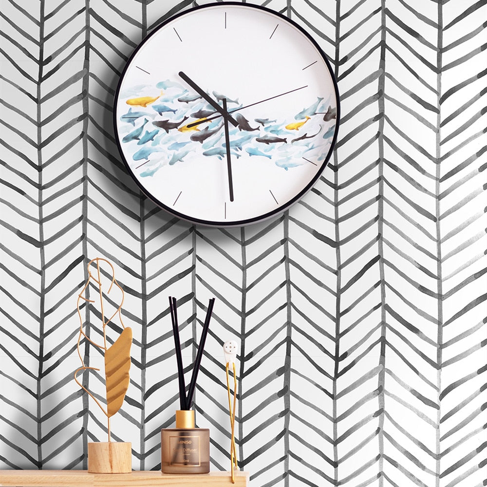 Black White Herringbone Stripes Peel and Stick Wallpaper