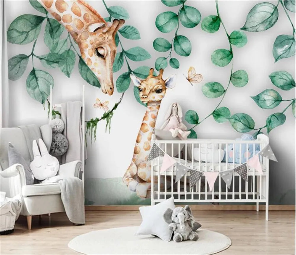 Giraffe Family And Leaves Wallpaper Mural