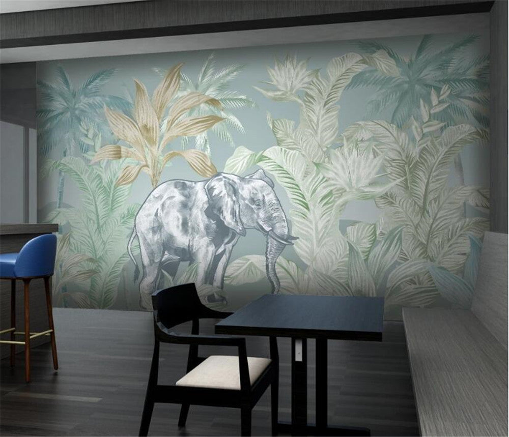 Tropical Plants And Elephant Wallpaper Mural