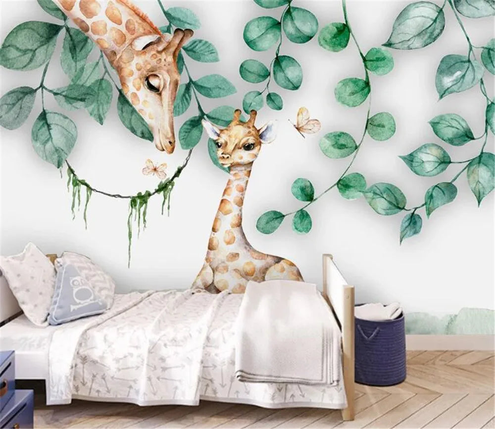 Giraffe Family And Leaves Wallpaper Mural