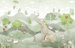 Playful Rabbits and Elephant Wallpaper Mural