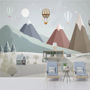 Geometric Mountain Village and Balloons Wall Mural Wallpaper