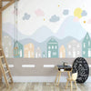 Cartoon Mountain Town Road Playroom Wall Mural Wallpaper