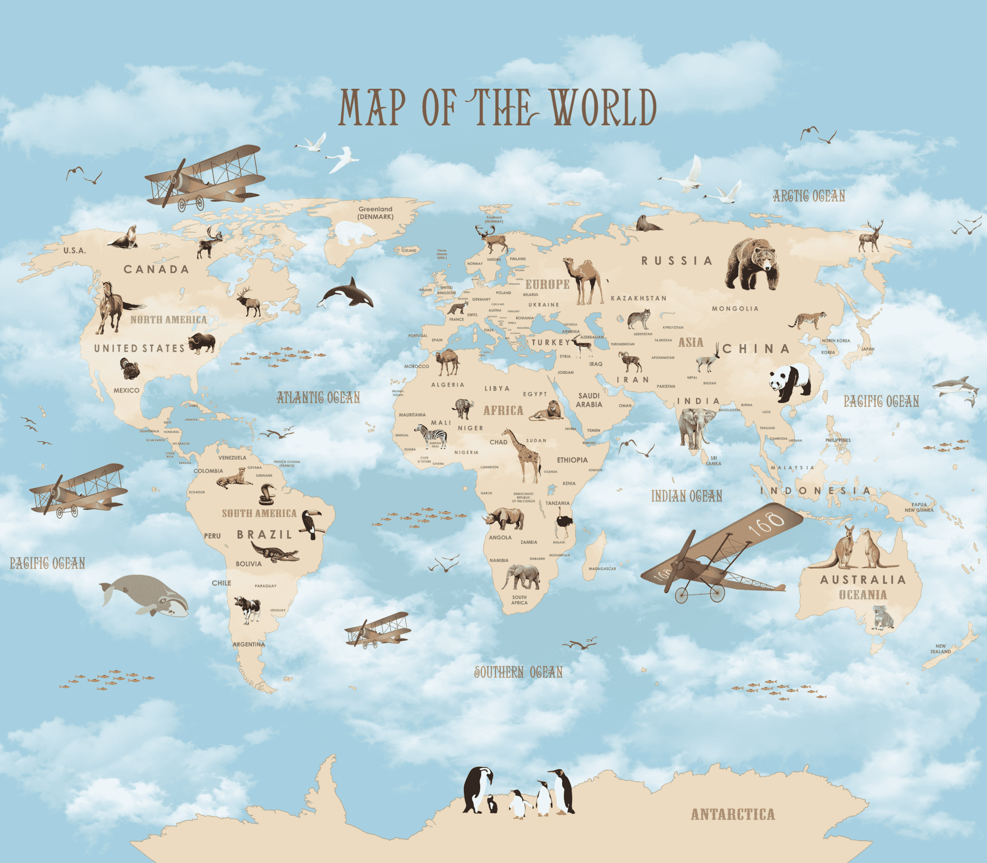 Cartoon World Map Planes and Animals Wallpaper Mural