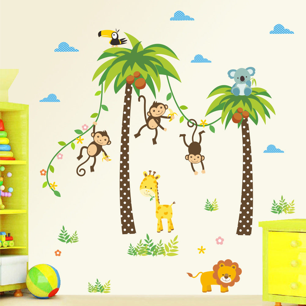 Cartoon Wall Decals Coconut Tree Monkeys