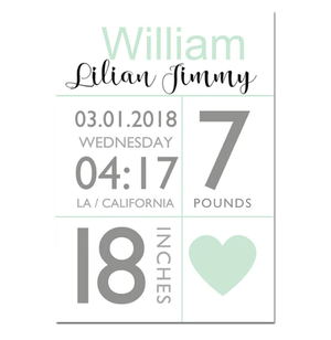 Green Birth Stats Nursery Canvas Posters - Customizable