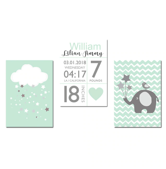 Green Birth Stats Nursery Canvas Posters - Customizable