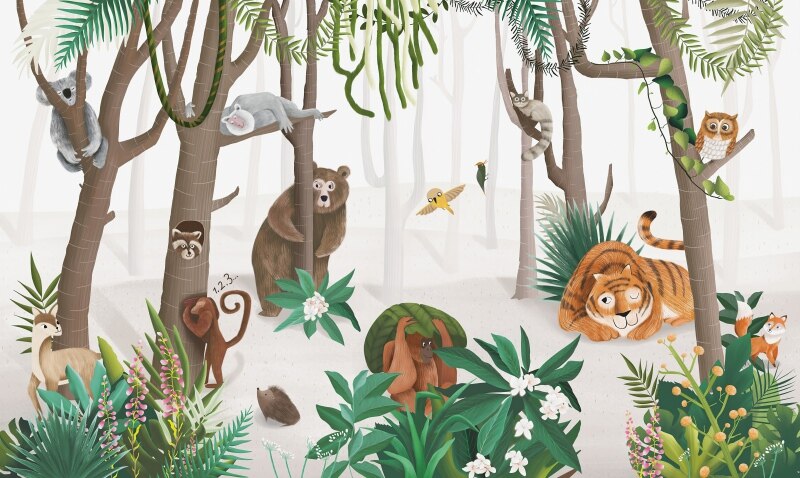 Cute Cartoon Animals Hide-and-Seek Wallpaper Mural