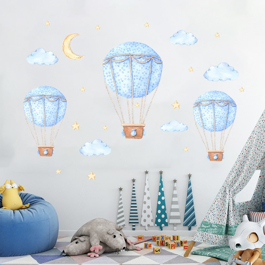 Cartoon Wall Decals Blue Hot Air Balloon