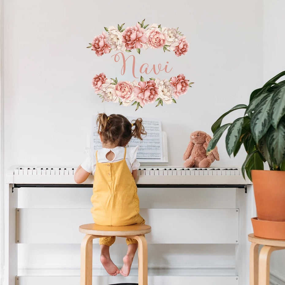 Custom Name Wall Decal Peonies