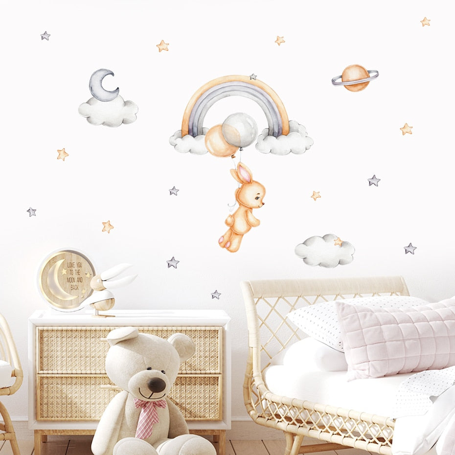 Cartoon Wall Decals Cute Rabbit and Dinosaurs