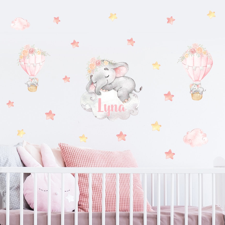 Cartoon Wall Decals Elephant on Hot Air Balloon