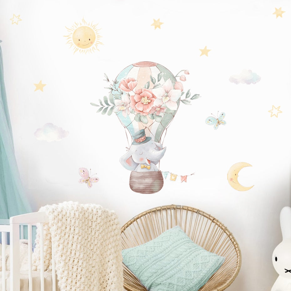 Cartoon Wall Decals Elephant Hot Air Balloon