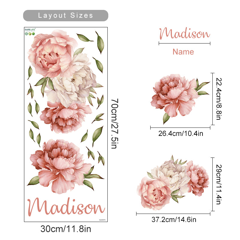 Custom Name Wall Decals Wreath Peony Foliage