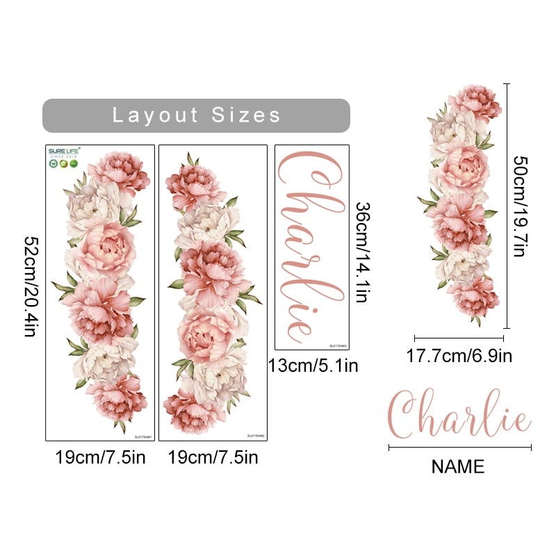 Custom Name Wall Decal Peonies