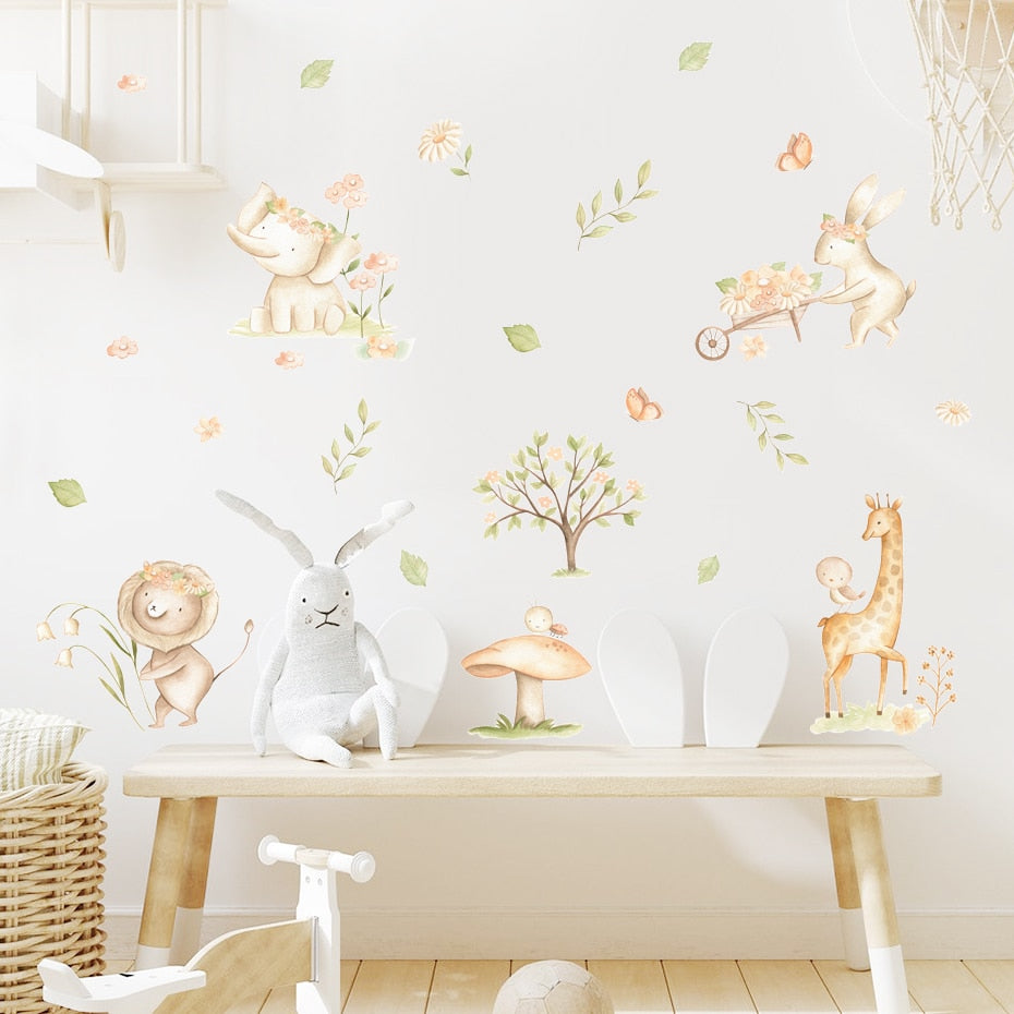 Cartoon Wall Decals Cute Lion Elephant Animals